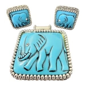 Elephant Earrings and Pendant Set Turquoise Blue Silver Tone Vintage Clip On